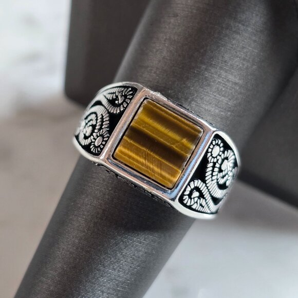 Mens Estate Sterling Silver Modernist Tigers Eye Ring 6.6g E4493